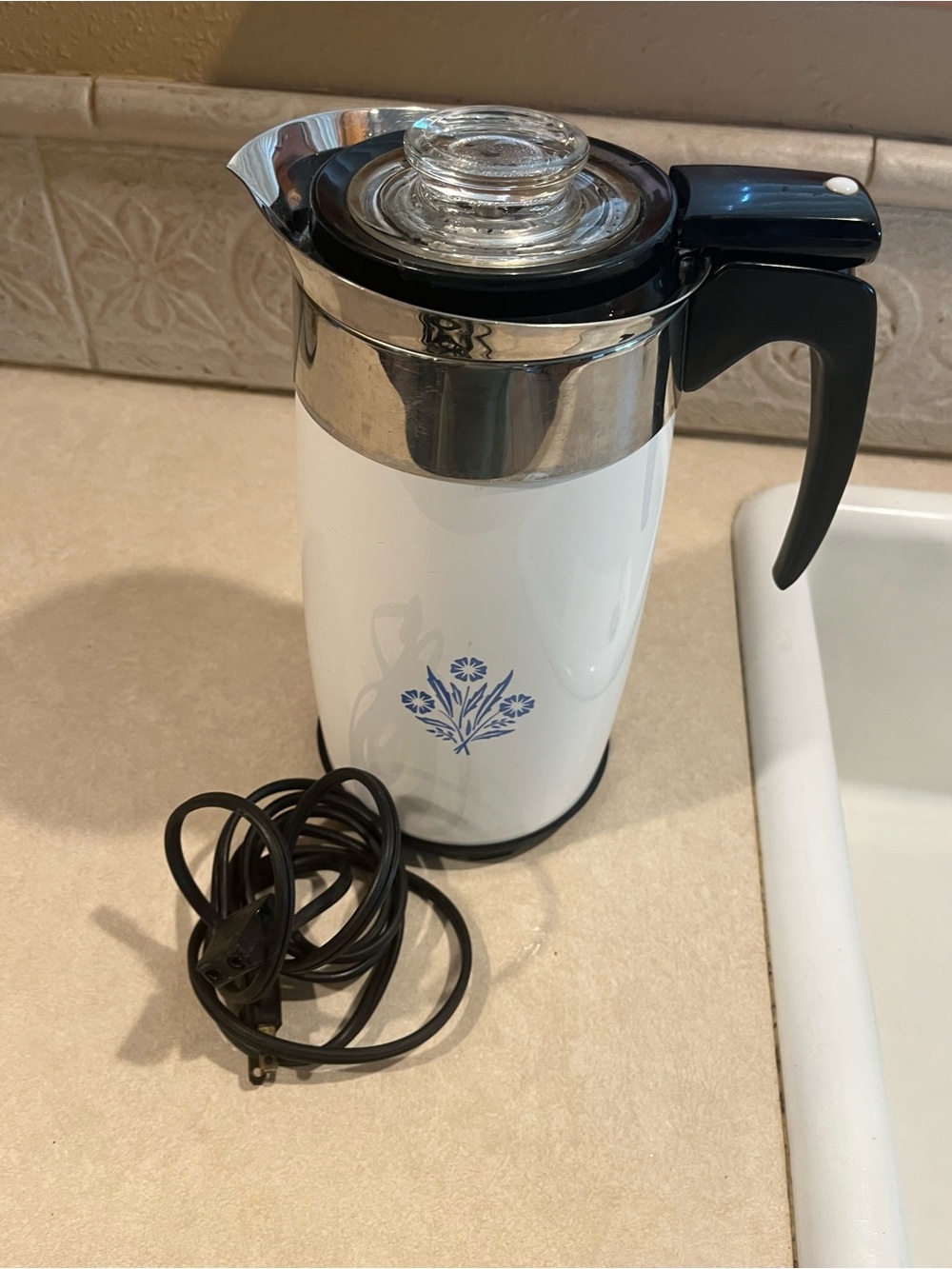 Vintage corning ware 10 cup Percolator with Blue Floral Accent